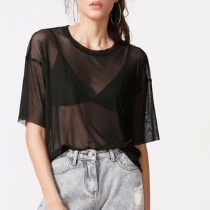 🎈GREEN Sheer Mesh Raw Cut Boxy Top